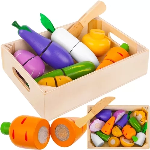 Ensemble de légumes en bois à scratch pour découper dans une caissette en bois