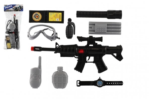 Pistolet/mitraillette de police 38cm en plastique avec accessoires dans un sac 21x50x6cm