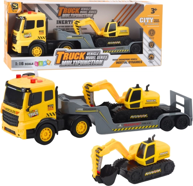 Camion avec porte-char et pelleteuse à chenilles 1:16, jaune