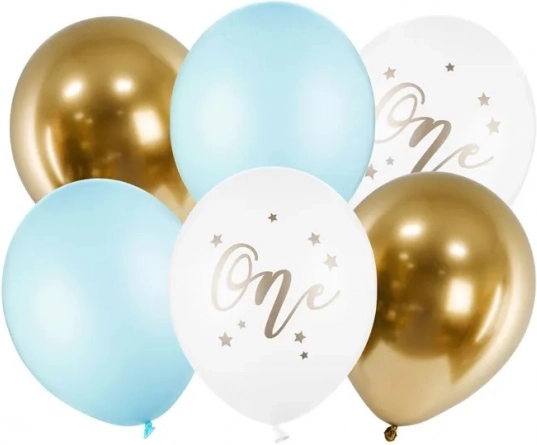 Ballons d’anniversaire One pastel bleu clair et or 30 cm, 6 pcs