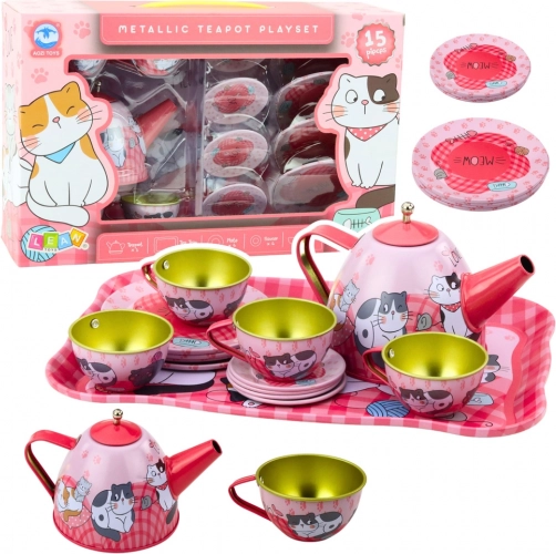 Service à thé en métal pour enfants motif chatons, rose, 15 pièces