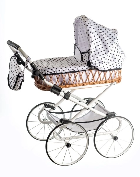Poussette Monika RETRO osier construction blanche blanc à pois hauteur de la poignée 76cm réglable