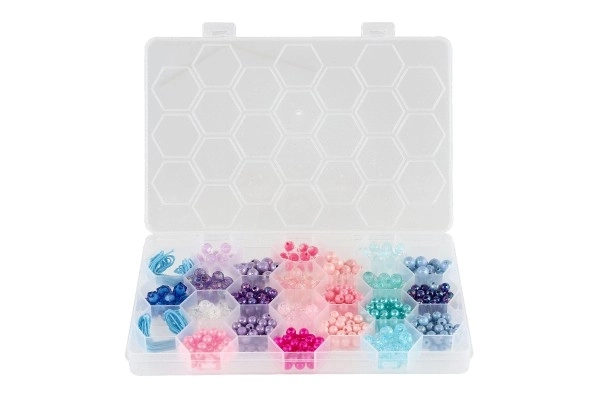 Perles en plastique colorées avec ficelle dans une boîte en plastique 20x16,5cm
