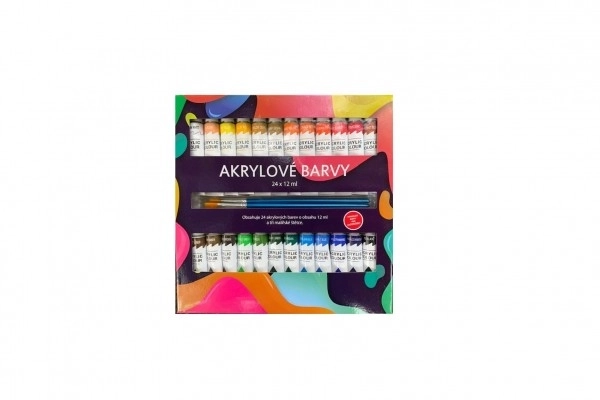 Peintures acryliques 24x12ml avec 3 pinceaux aussi pour céramique, verre, pierres dans une boîte de 22x22x2cm