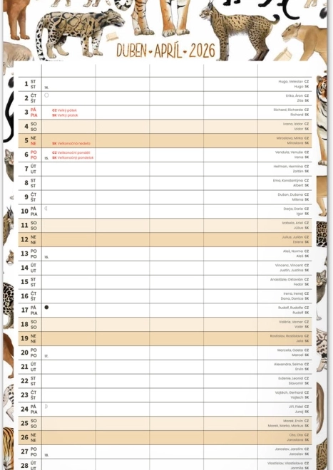 Calendrier mural Planificateur familial 2026 avec illustrations Animalium