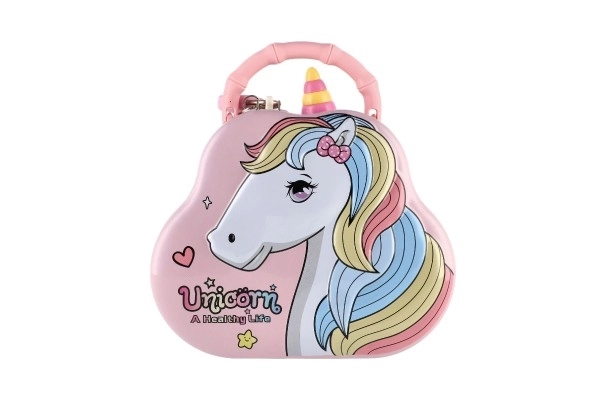 Tirelire sac à main licorne en métal avec serrure 15x14cm 3 couleurs dans une boîte en plastique