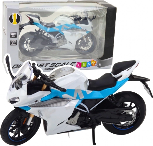 moto sportive en métal 1:12 avec lumières et sons – blanc et bleu