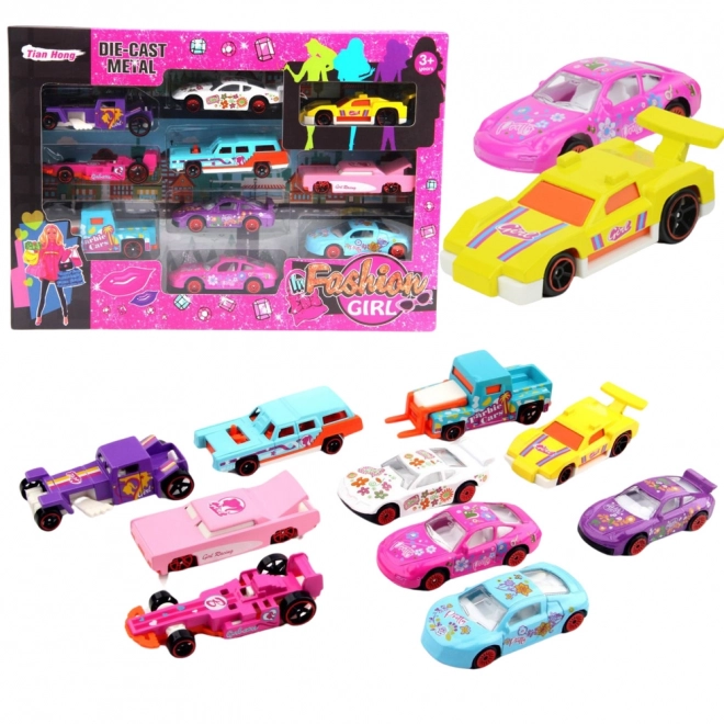 Ensemble de voitures métalliques roses pour filles 10 pièces