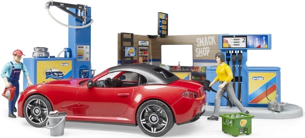 Bruder station-service avec voiture de sport et 2 figurines