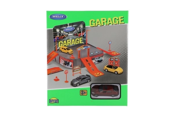 Garage Welly + voiture Welly Porsche métal/plastique dans boîte 21x25x5,5cm