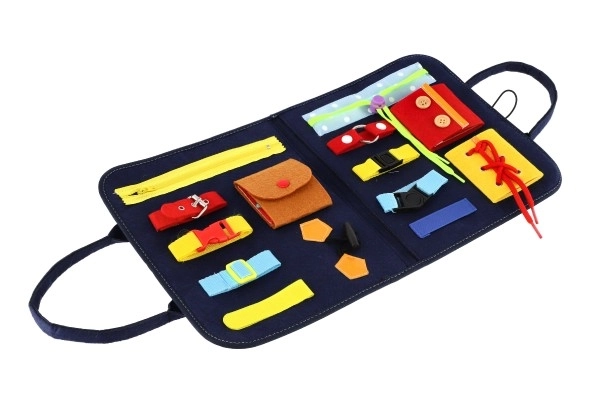 Trousse éducative en feutre fermeture et ouverture de fermetures éclair et de boutons dans un sac 24x27x4cm