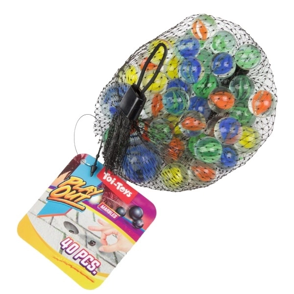Billes en verre de différentes tailles 40 pcs mélange de couleurs dans un filet 12 pcs en boîte
