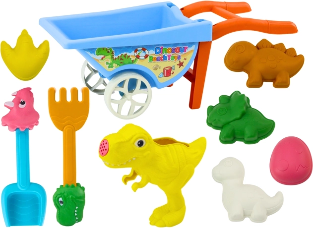 Set de sable dinosaures : brouette, pelle, râteau, arrosoir et 6 moules