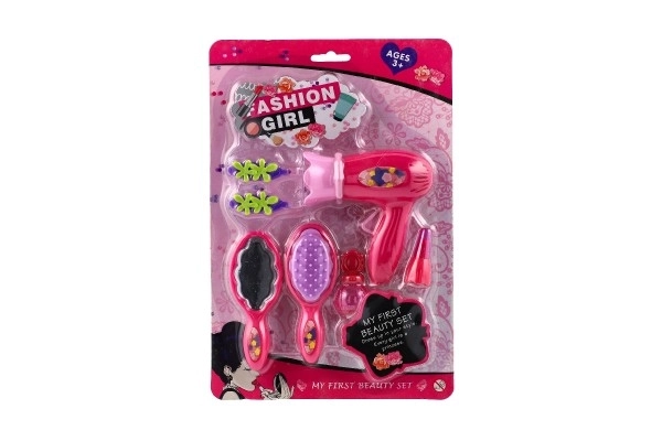 Ensemble de beauté/Petite coiffeuse avec sèche-cheveux et accessoires en plastique 2 types sur carte 18,5x27,5 cm 12pcs en boîte