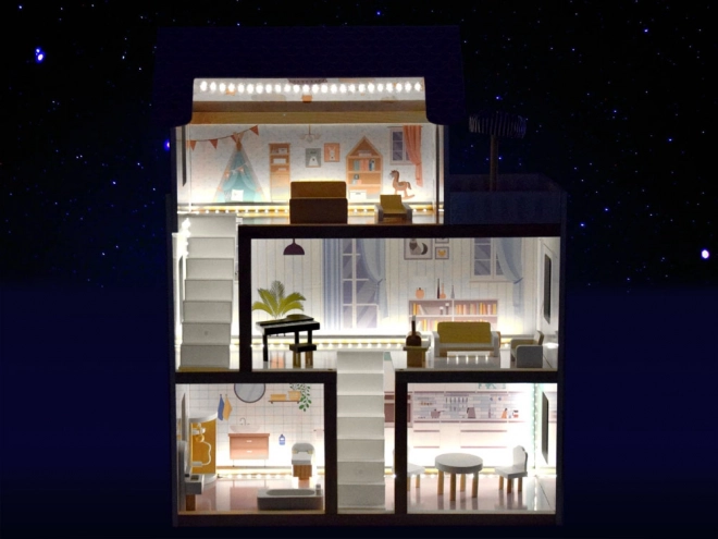 Maison de poupée en bois avec lumières LED style boho 78cm