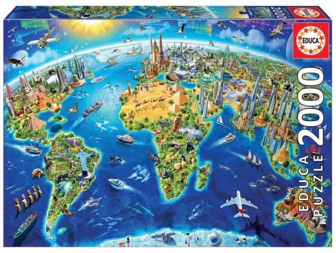 Puzzle Educa carte avec monuments mondiaux 2000 pièces