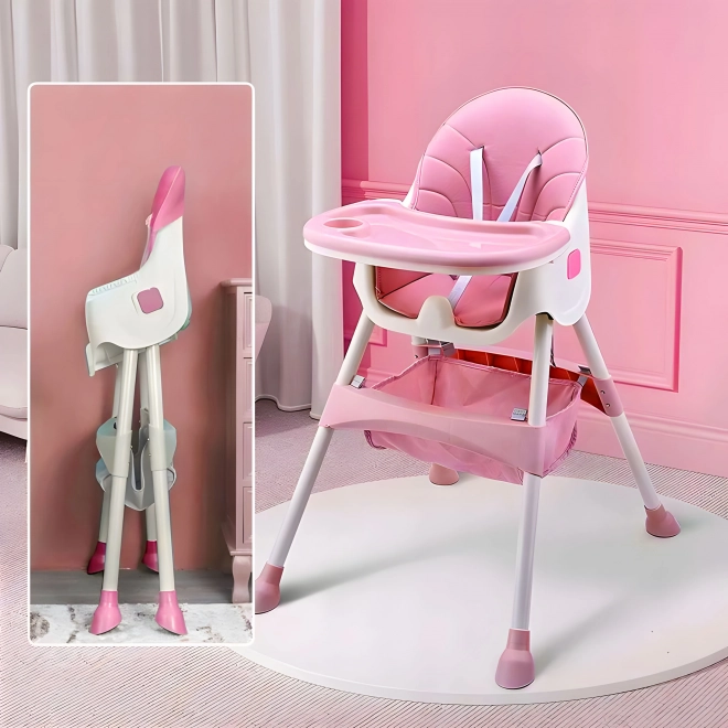 Chaise haute pour enfant avec plateau et panier, harnais à cinq points ECOTOYS – rose