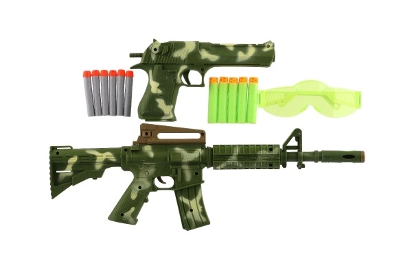 Pistolet/Fusil 2pcs plastique + munitions en mousse 11pcs + lunettes sur carte 30x46x4cm