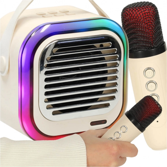Set de karaoké avec haut-parleur Bluetooth 10 W, 2 microphones sans fil et LED RVB – crème