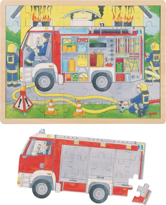 GOKI Puzzle en bois multicouches Pompiers au travail 59 pièces