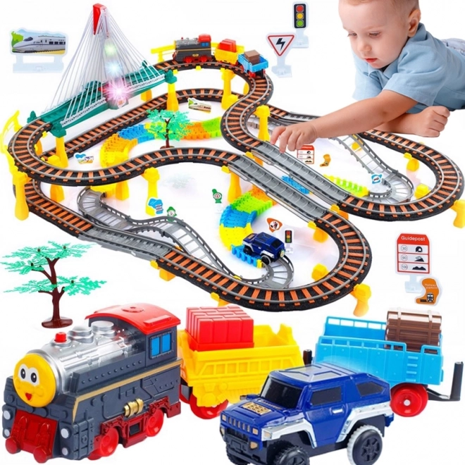 WOOPIE circuit de train électrique et piste de course 2‑en‑1 avec viaduc, train et voiture, 192 pièces
