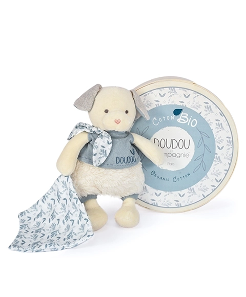 Coffret Cadeau Doudou - Chien en peluche avec couverture en coton BIO 22 cm
