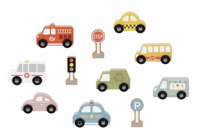 Ensemble de véhicules et de panneaux de signalisation en bois