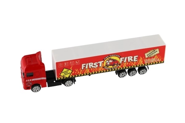 Camion avec remorque métal/plastique 20cm à mouvement libre assortiment de types en boîte plastique 20x5x3cm