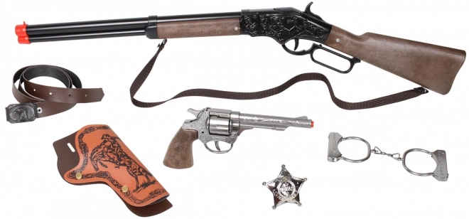 Grand ensemble de cowboy - fusil, revolver, menottes, étoile de shérif