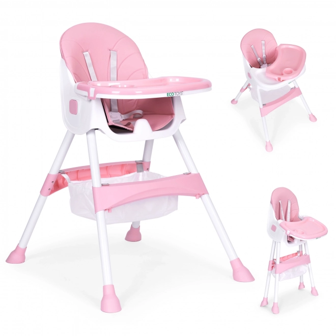 Chaise haute pour enfants avec plateau et panier, harnais à cinq points ECOTOYS – rose