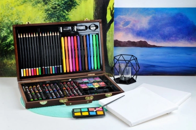 Grande boîte d'art en bois pour petits peintres - 81 pièces
