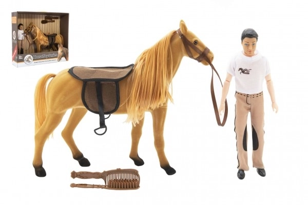 Cheval en peluche peignable + poupée articulée 30cm plastique avec accessoires dans boîte 45x39x12cm