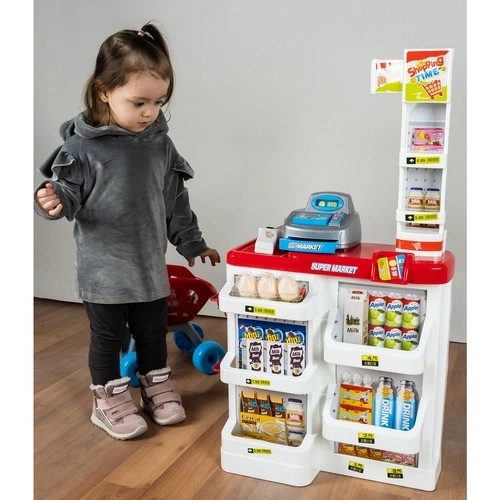 Supermarché avec caisse, panier et accessoires