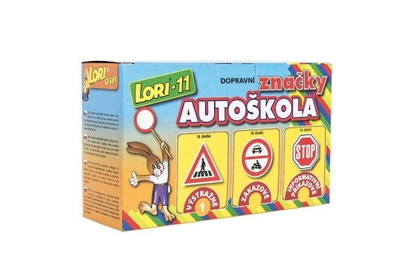 Jeu de construction LORI 11 Auto-école Panneaux de signalisation 16 pcs+2 cônes+voiture en plastique dans une boîte 22x13x6cm