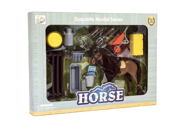 Cheval brun en plastique avec accessoires et enclos dans une boîte 34x25x5cm