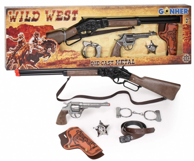 Grand ensemble de cowboy - fusil, revolver, menottes, étoile de shérif