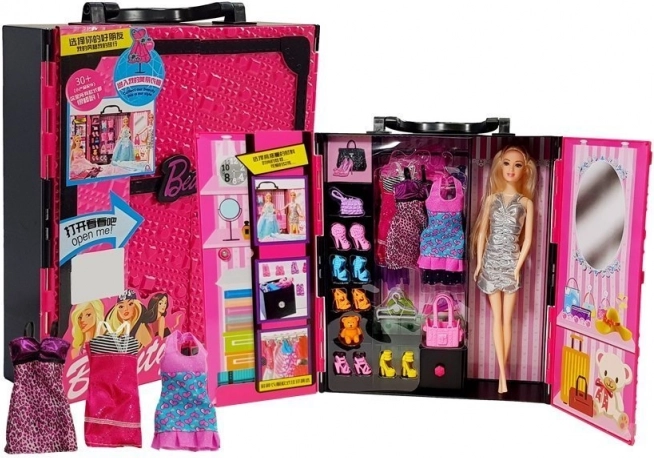 armoire de mode pour poupées valisette rose avec set d’accessoires