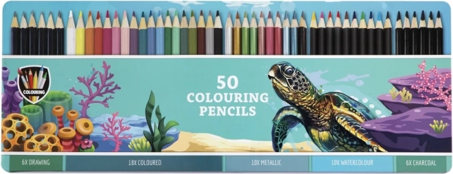 Crayons de couleur dans une boîte en métal 50 pcs