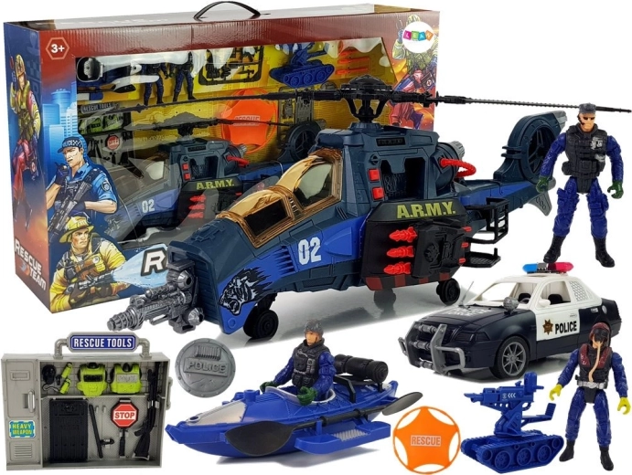 Set de jeu de police avec hélicoptère, voiture et kayak avec lumières et sons