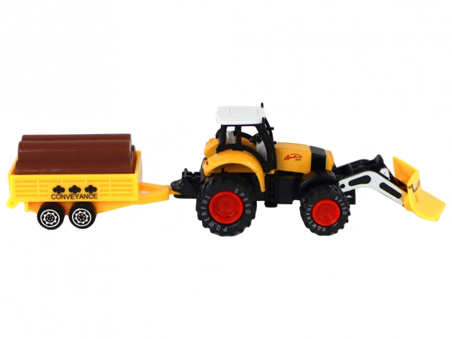 Tracteur avec remorque jaune rouge
