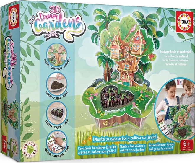 EDUCA 3D DREAM GARDENS : cabane dans l’arbre 2-en-1 – kit créatif avec mini-jardin
