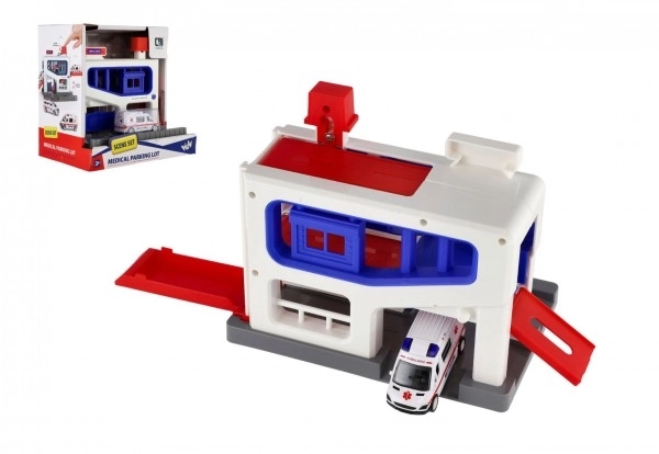Garage de stationnement avec véhicule ambulance
