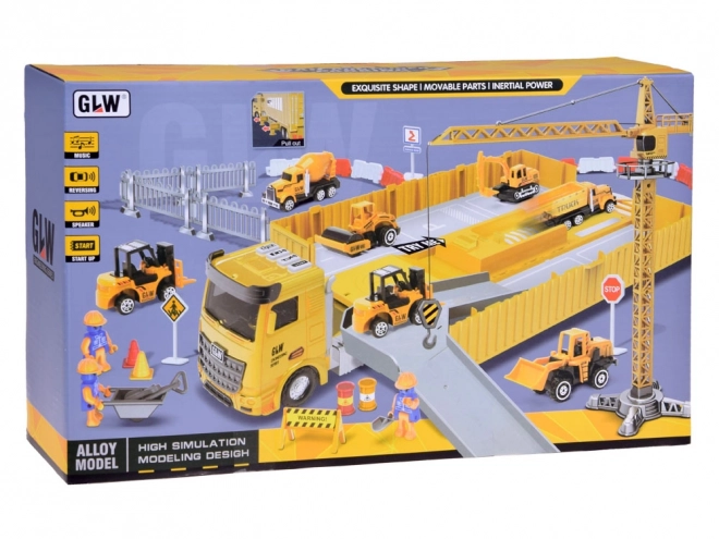 Ensemble interactif camion avec remorque dépliable, grue et chariot élévateur