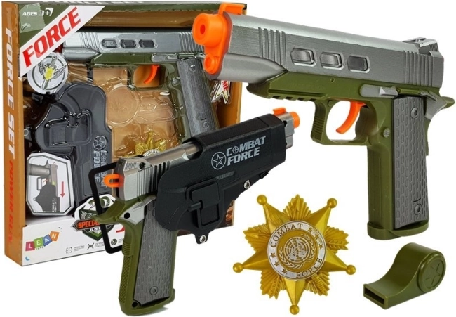 Set de police avec pistolet 20 cm, badge, sifflet et étui avec effets lumineux et sonores