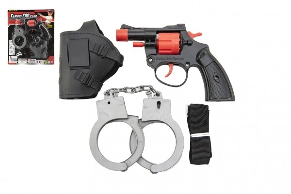 Pistolet à capsules 8 coups en plastique 13cm avec étui et menottes sur carte