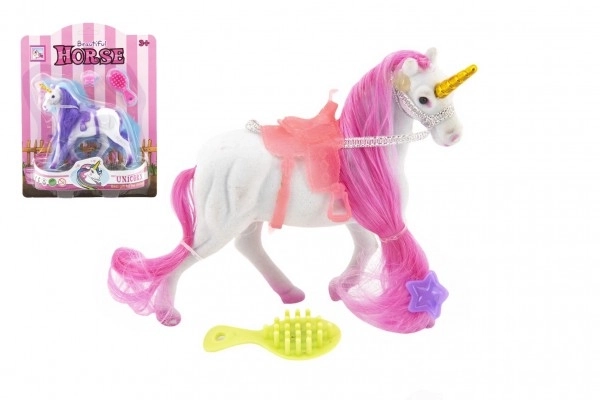 Licorne/cheval peluche 15cm brossable avec selle et accessoires 2 couleurs sur carte