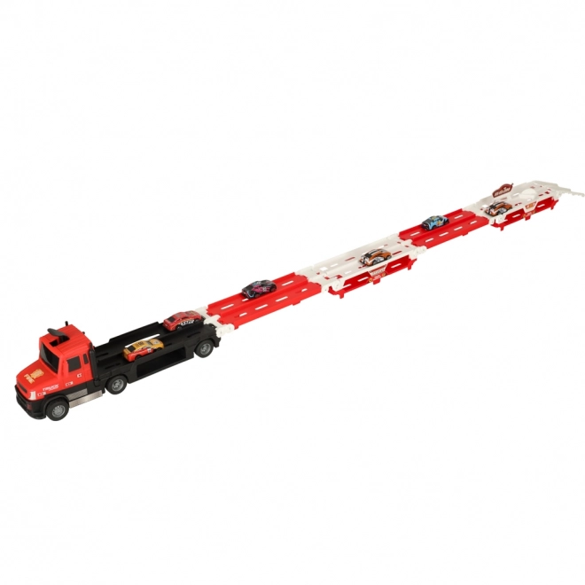 Camion rouge avec circuit caché et 6 petites voitures