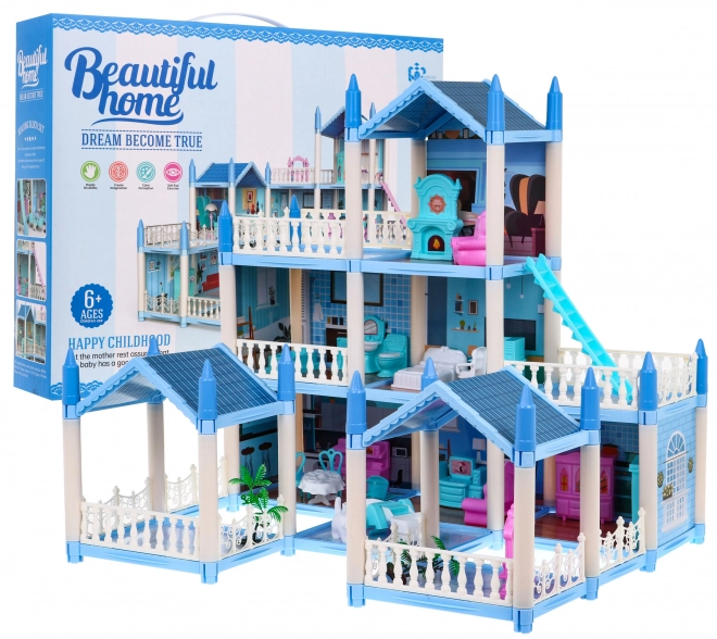 Maison de poupées à trois étages Cadeau pour filles 6+ Villa bleue avec accessoires