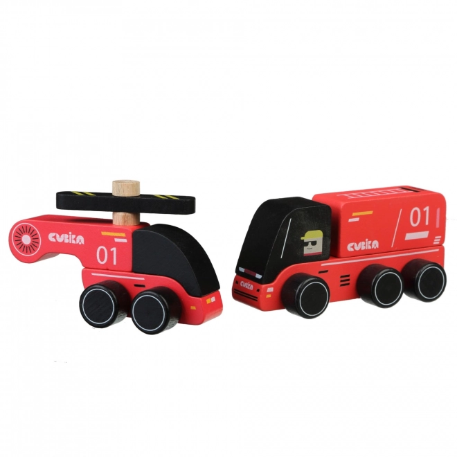 CUBIKA 15559 Pompiers - petite voiture en bois avec hélicoptère