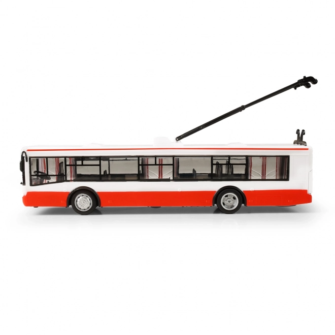 Trolleybus parlant tchèque en plastique 29cm rouge marche libre sur bat. avec lumière et son en boîte 33x11x10cm